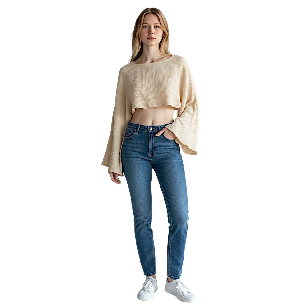 Boho Gauze Crop Top M Women Beige Bell Sleeve Waffle Coastal Layering Grunge Y2K